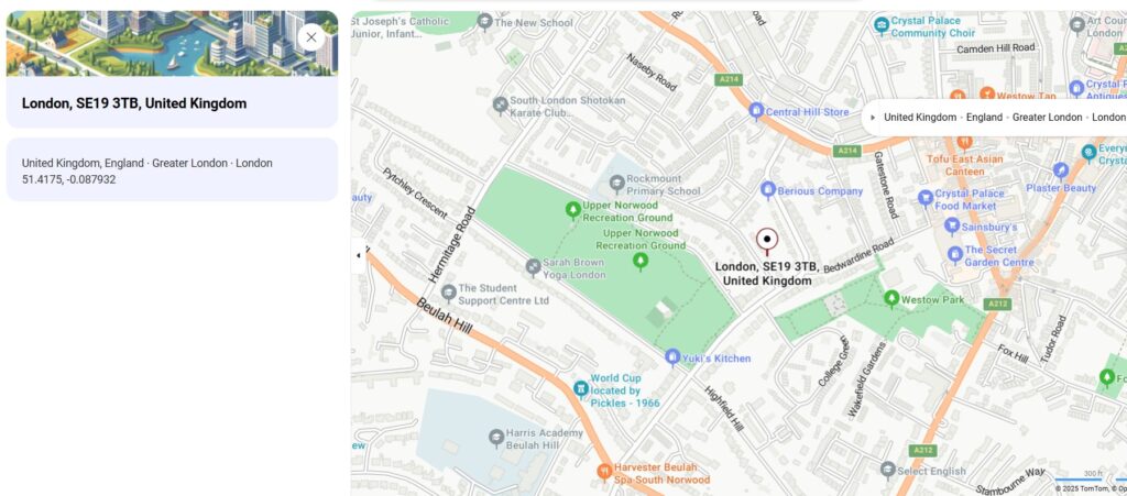 Property for sale A digital map showing London, SE19 3TB, United Kingdom, including Orleans Road Croydon, highlighting green park areas, local streets, nearby landmarks, and neighborhoods in Greater London. A small location info box appears in the top left corner. Presented by Palace Auctions