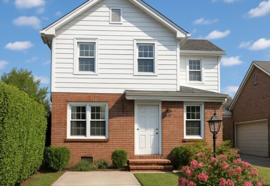 Property for sale A charming 4-bed semi-detached home on Orleans Road, Croydon, featuring white siding and red brick on the lower level, a white front door, and a small porch with manicured shrubs under a blue sky. Presented by Palace Auctions