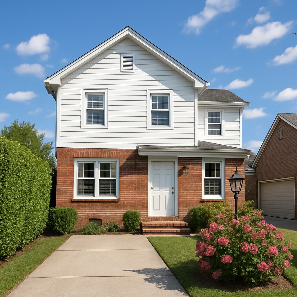 Property for sale A charming 4-bed semi-detached home on Orleans Road, Croydon, featuring white siding and red brick on the lower level, a white front door, and a small porch with manicured shrubs under a blue sky. Presented by Palace Auctions