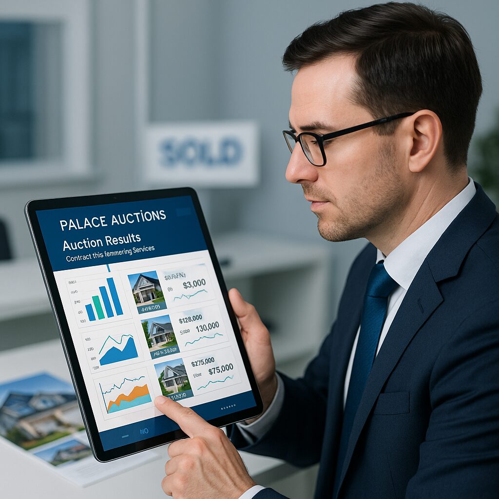 Property for sale A man in a suit and glasses reviews auction results on a tablet, displaying charts, graphs, property images, and prices, in a modern office offering international auctioneering services, with a "SOLD" sign visible in the background. Presented by Palace Auctions
