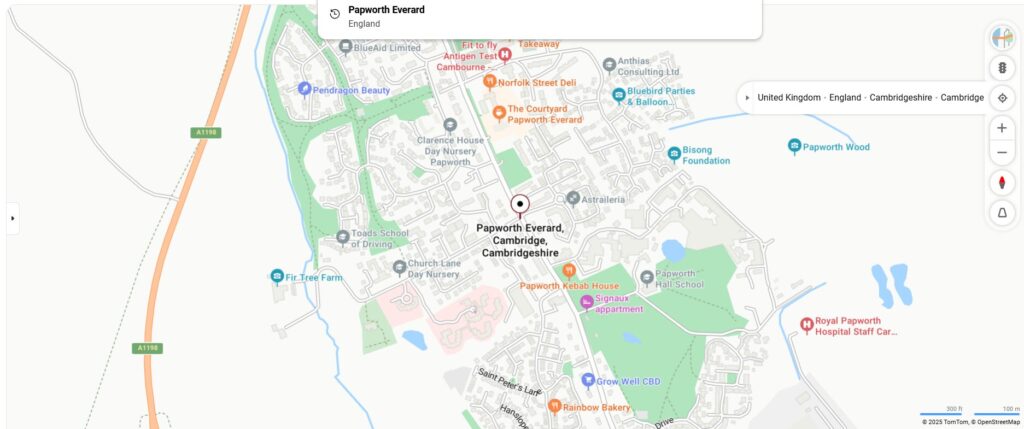 Property for sale A digital map showing Papworth Everard, Cambridge, England, including roads, local businesses, parks, schools, healthcare providers, the Royal Papworth Hospital, and highlighting a 12.5-acre Freehold C2 site nearby. Presented by Palace Auctions