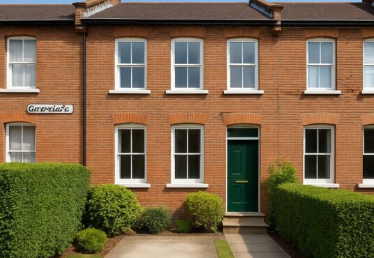 Property for sale A charming 3-bed mid-terrace Isle of Dogs home with a green door, white-trimmed windows, and a small front garden featuring neatly trimmed hedges and shrubs under a clear blue sky. Presented by Palace Auctions