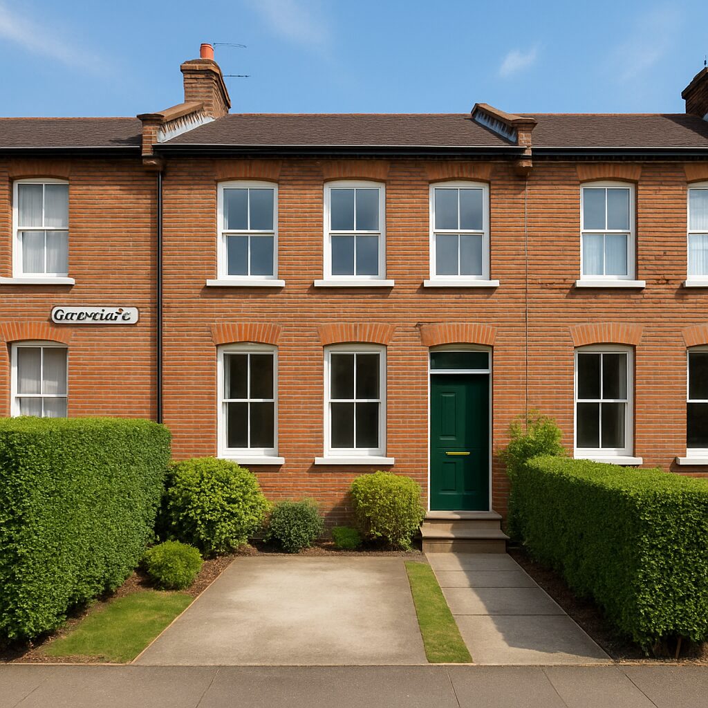 Property for sale A charming 3-bed mid-terrace Isle of Dogs home with a green door, white-trimmed windows, and a small front garden featuring neatly trimmed hedges and shrubs under a clear blue sky. Presented by Palace Auctions