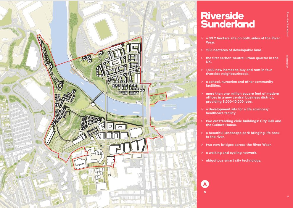 Property for sale A map of Riverside Sunderland highlights a city regeneration area along both sides of the River Wear, with new buildings, parks, bridges, and notable features listed on a pink panel, including jobs, schools, and sustainability goals. Presented by Palace Auctions