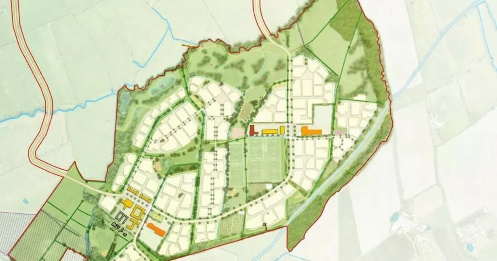 Property for sale A detailed Regeneration Zone Map shows a planned urban development with outlined roads, rectangular building plots, green spaces, and boundary lines, surrounded by agricultural or undeveloped land. Presented by Palace Auctions