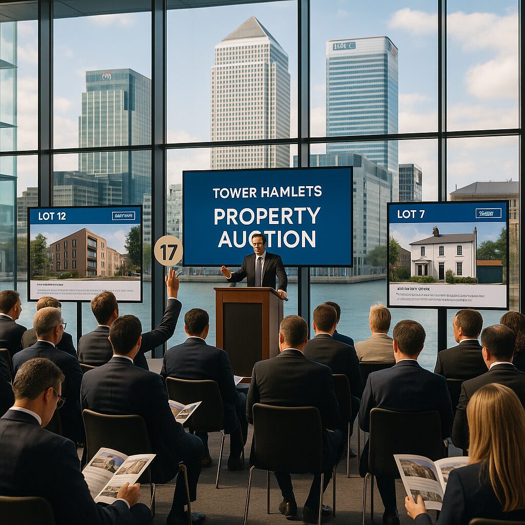 Property for sale A Tower Hamlets property auction is held in a modern conference room with large windows overlooking city buildings. People sit facing a speaker at the podium, while a bidder raises paddle 17. Screens showcase properties up for auction. Presented by Palace Auctions