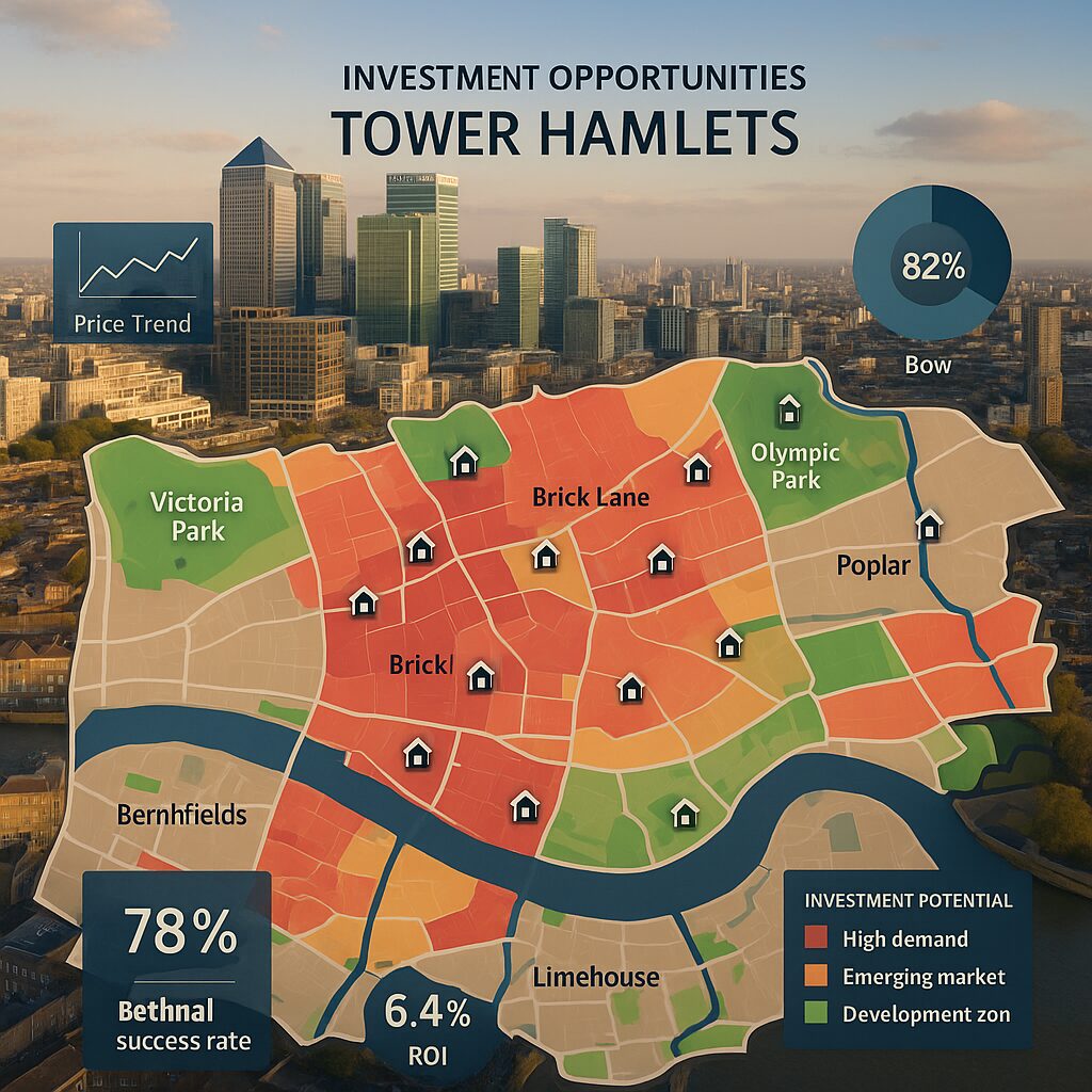 Property for sale A map of Tower Hamlets highlights property auctions and investment opportunities, with green, yellow, and red zones for market potential. Icons showcase Brick Lane, Victoria Park, Olympic Park, and success rates for Bethnal (78%) and Bow (82%). Presented by Palace Auctions