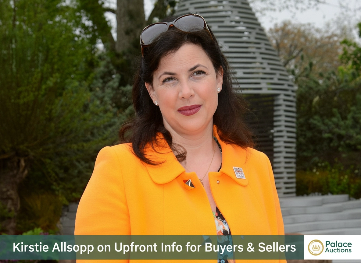 Property for sale A woman with dark hair in an orange coat stands outdoors, smiling slightly. Text reads, 