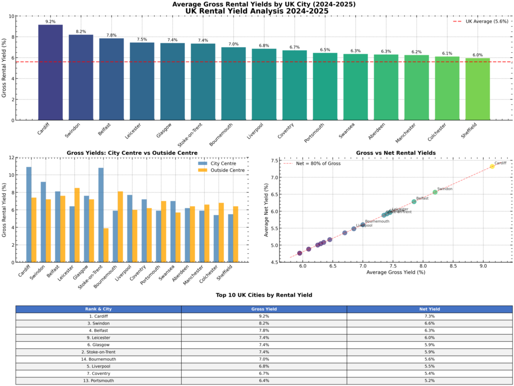 Property for sale Infographic showing UK rental yield comparisons (2024-2025): Top 10 UK city bar chart, city centre vs outside centre yields, gross vs net rental yield scatter plot, plus a ranked table with Gross and Net yields for each city. Presented by Palace Auctions