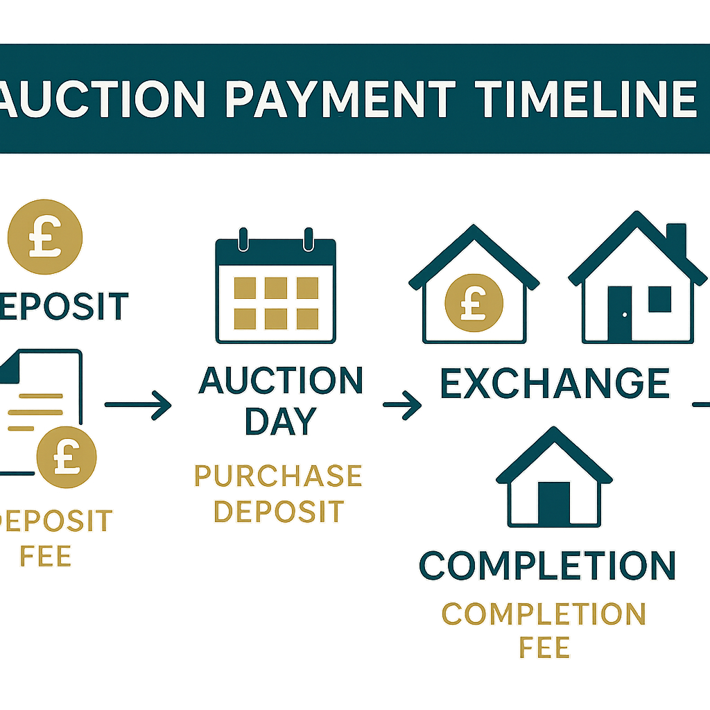Property for sale A diagram showing the auction payment timeline: Deposit (auction fees deposits special conditions explained), Auction Day (purchase deposit), Exchange (pound sign in house), and Completion (completion fee, house icon). Arrows connect each step. Presented by Palace Auctions
