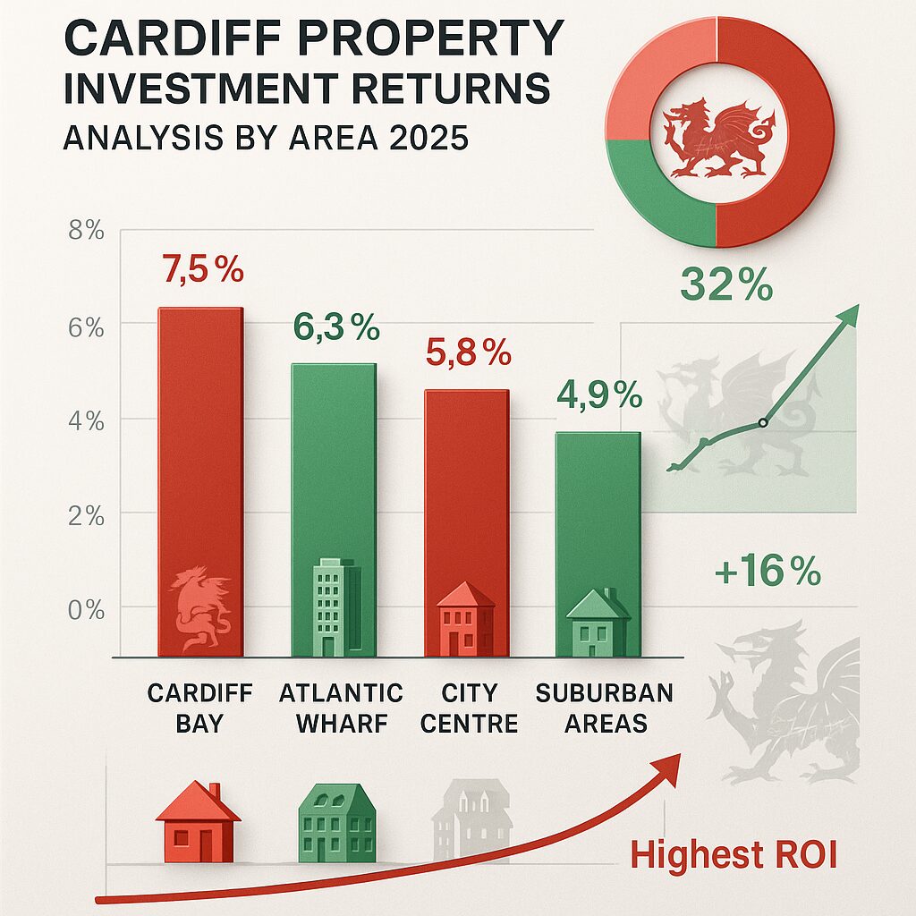 Property for sale Bar chart showing Cardiff property market investment returns for 2025: Cardiff Bay 7.5%, Atlantic Wharf 6.3%, City Centre 5.8%, Suburban Areas 4.9%. Cardiff Bay tops rental yields, highlighted by a green arrow and a notable 32% increase. Presented by Palace Auctions