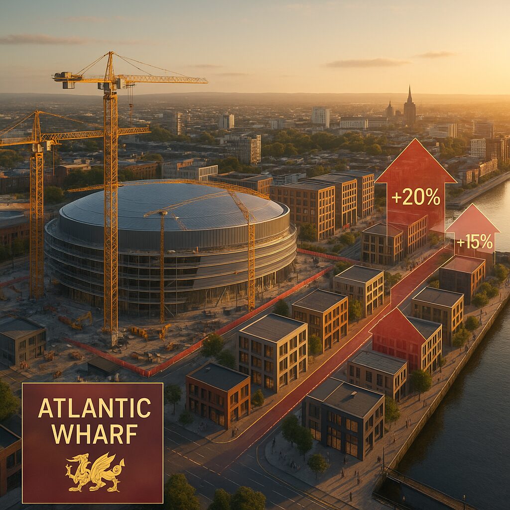 Property for sale Aerial view of Atlantic Wharf construction site with cranes and modern buildings; red arrows show Cardiff property market value increases of 20% and 15% along the riverside. A logo with a gold dragon and "Atlantic Wharf" is in the corner. Presented by Palace Auctions
