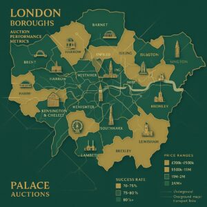 Property for sale Map of London boroughs showing auction performance metrics by success rate and property price ranges, with landmarks illustrated and major transport links highlighted—part of the London Area Investment Guides by Palace Auctioneers London. Presented by Palace Auctions