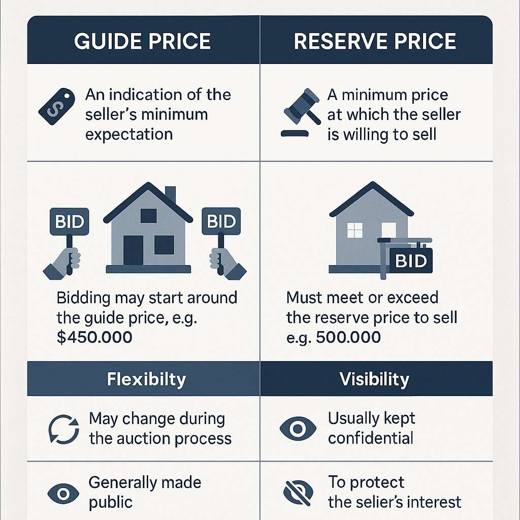Property for sale Comparison chart explaining what is guide price in auction vs. "Reserve Price," detailing their definitions, examples, flexibility, and visibility, with icons illustrating each point for a clear auction price guide. Presented by Palace Auctions