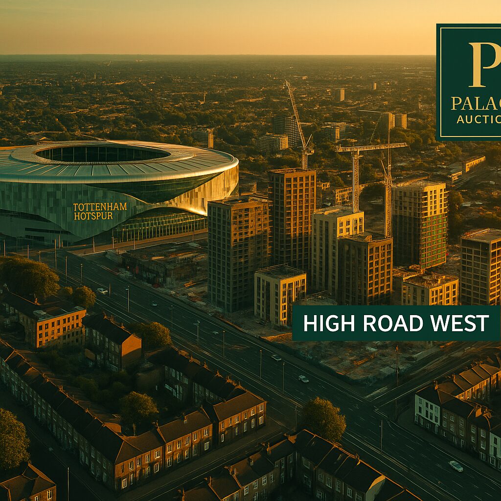 Aerial view of Tottenham Hotspur Stadium in London, surrounded by new construction and residential streets, with a "High Road West" label and "Palace Auctions" branding highlighting Haringey property auctions in the corner. Presented by Palace Auctions