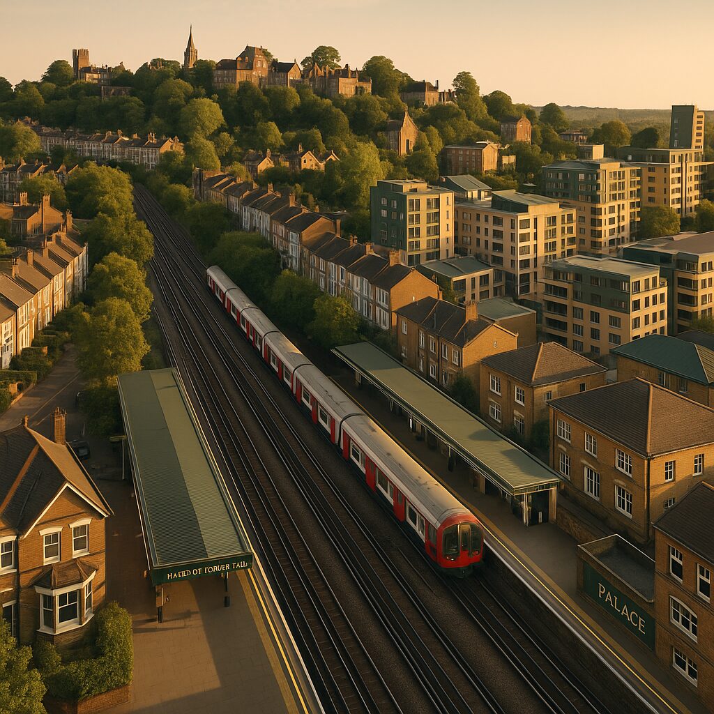 Property for sale A red and white train travels along tracks beside a platform labeled “Harpenden Park,” surrounded by trees, residential houses, and modern apartment buildings—akin to the urban landscapes seen in Harrow regeneration property hotspots at sunset. Presented by Palace Auctions