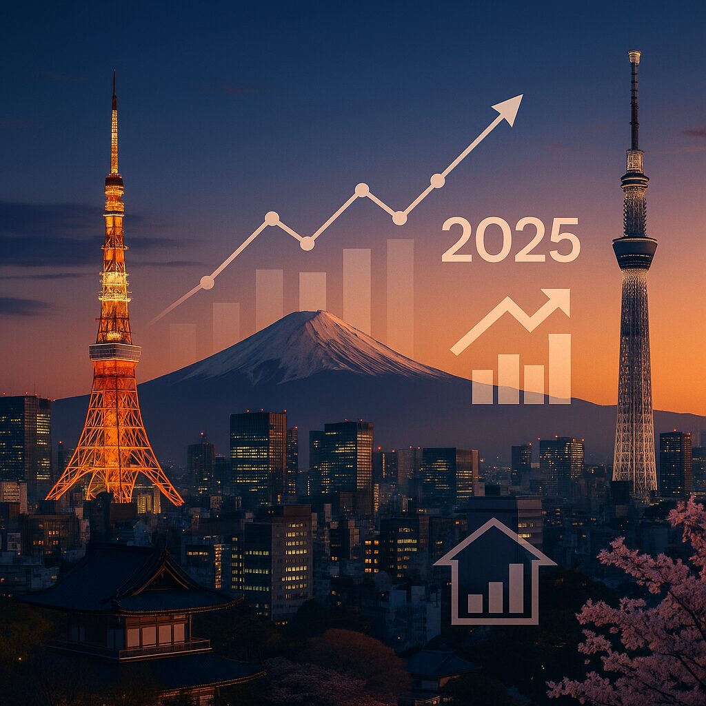 Property for sale Cityscape of Tokyo at sunset with Tokyo Tower, Skytree, Mount Fuji in the background, and overlaid graphics of upward charts and "2025," highlighting growth in Japan property yields and the Tokyo property market 2025. Presented by Palace Auctions