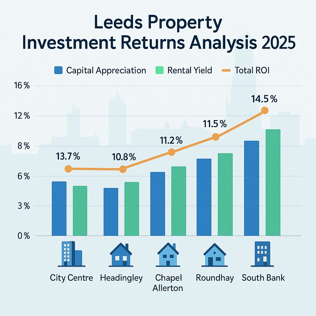Bar and line chart showing Leeds 2025 property returns: South Bank Leeds property leads with a 14.5% ROI, followed by City Centre (13.7%), Roundhay (11.5%), Chapel Allerton (10.8%), and Headingley (10%). Ideal for Leeds buy-to-let insights. Presented by Palace Auctions