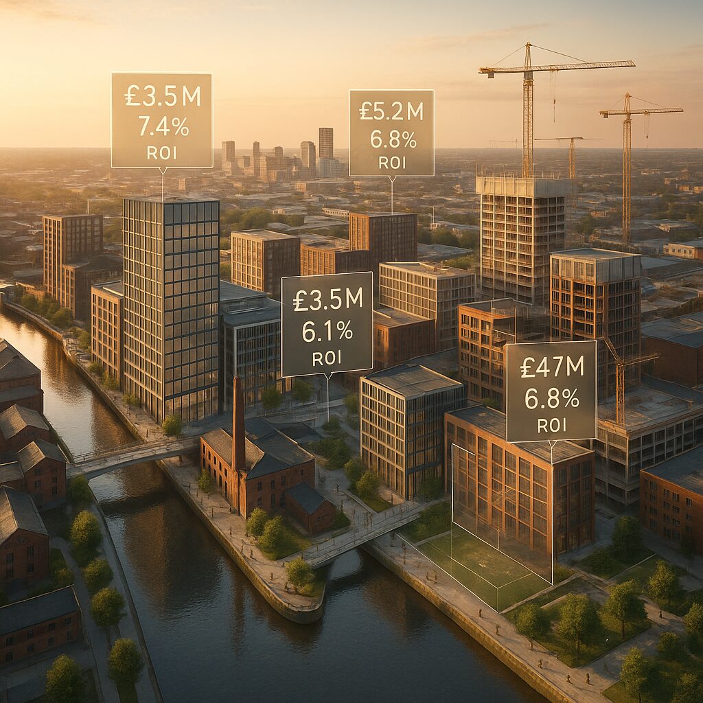 A cityscape at sunset shows modern buildings along a canal in Leeds regeneration areas, with investment figures and ROI percentages overlaid. Construction cranes highlight ongoing growth—ideal for those seeking Leeds buy-to-let opportunities. Presented by Palace Auctions