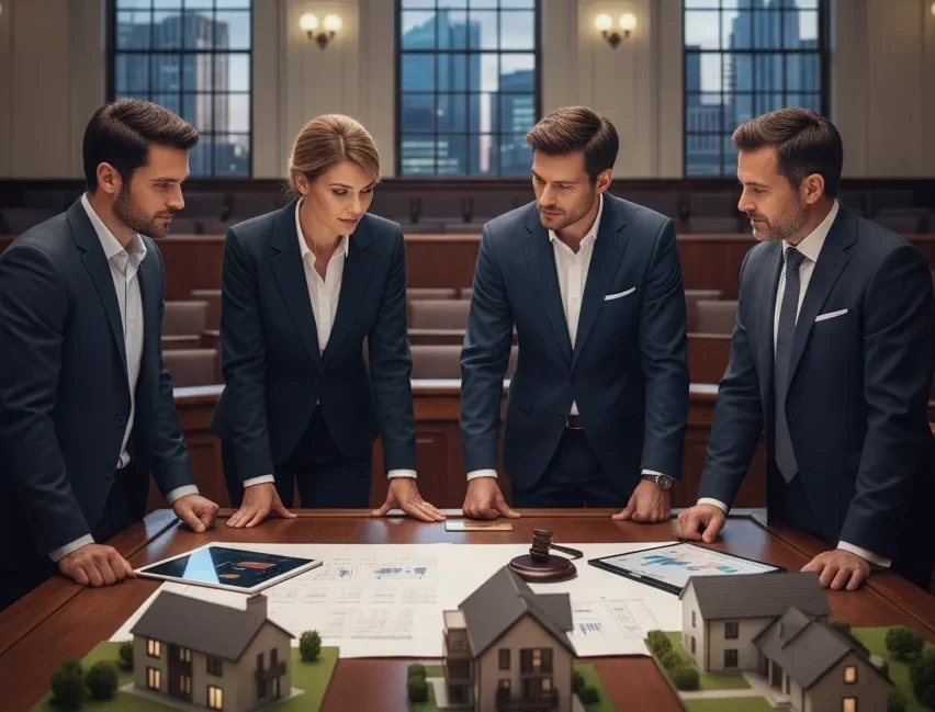 Property for sale Four business professionals in suits stand around a table with house models and plans, discussing property auctions in a formal, wood-paneled room. Text above reads: 