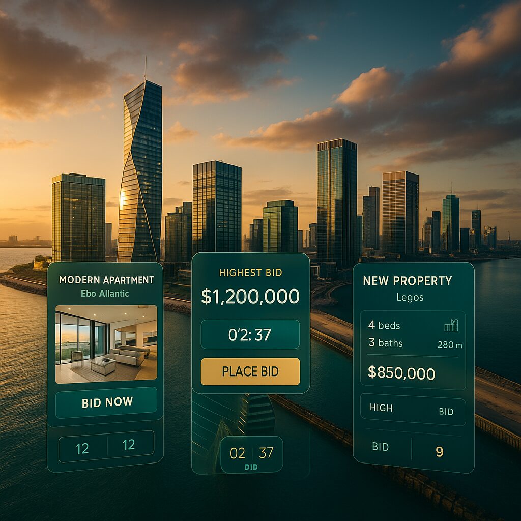 Property for sale A futuristic city skyline at sunset with skyscrapers near water. Overlaid are digital panels showing Lagos property auctions with bids, details of a modern apartment, and a timer counting down. Presented by Palace Auctions