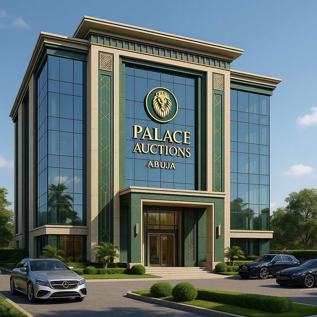 Property for sale A modern, glass-fronted building labeled "Palace Auctions Abuja" with a gold lion logo reflects the prestige of Abuja property auction events. Two luxury cars are parked outside, surrounded by trimmed greenery under a clear blue sky. Presented by Palace Auctions