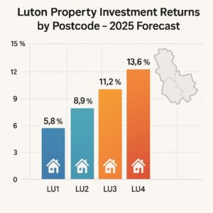 Bar chart titled "Luton Property Investment Returns by Postcode – 2025 Forecast," reveals Luton property investment returns: LU1 (5.8%), LU2 (8.9%), LU3 (11.2%), and LU4 (13.6%). Map outline of Luton in top right corner. Presented by Palace Auctions