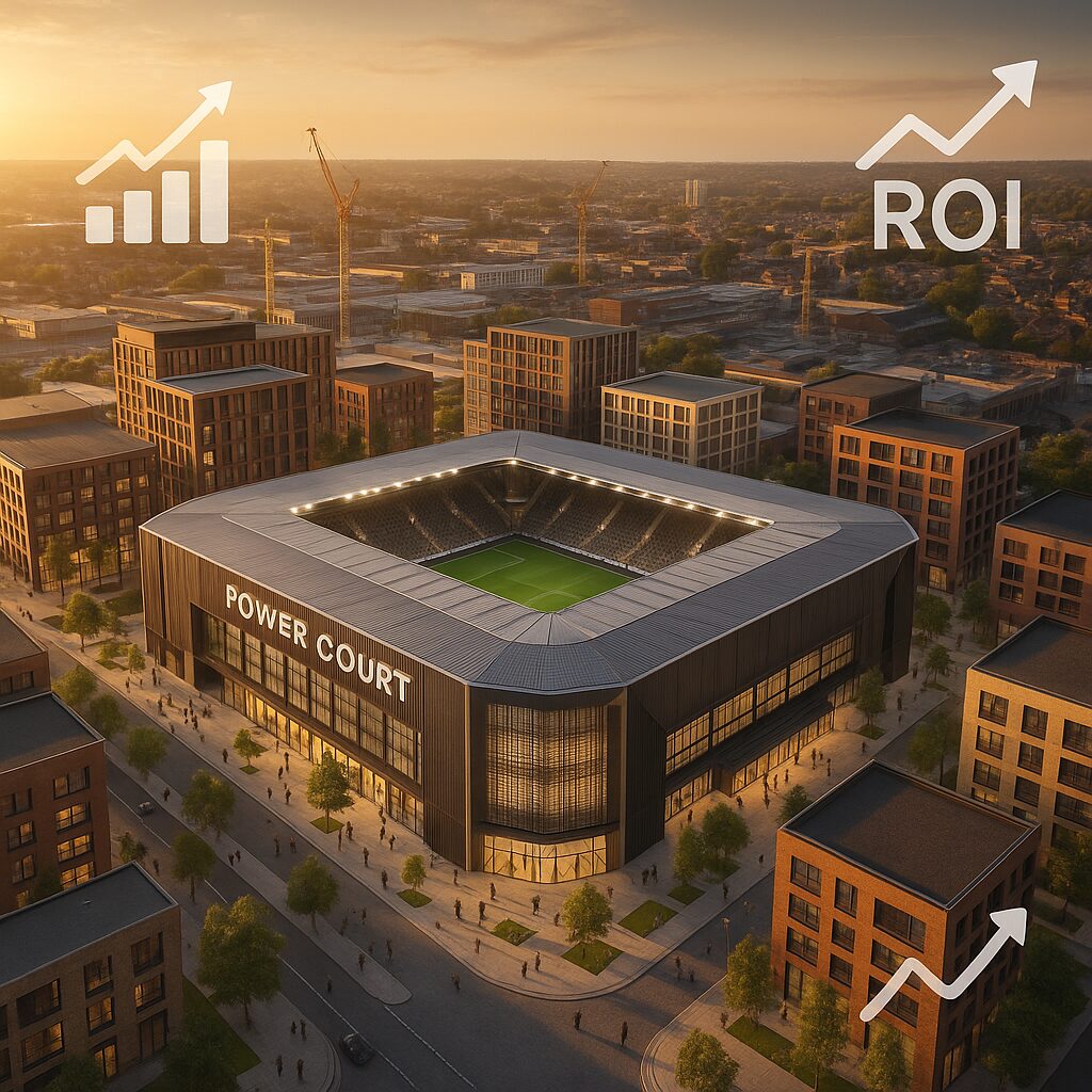 A modern football stadium labeled "Power Court" is surrounded by city buildings at sunset, with upward-trending charts and "ROI" icons overlayed, symbolizing financial or Luton property investment growth. Presented by Palace Auctions