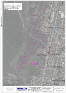 Property for sale A grayscale satellite map of development land in Dunoon, Argyll, shows outlined lots labeled "LOT 1" to "LOT 7," some marked "SOLD." Streets and buildings are visible to the right, along Alexander Street. Presented by Palace Auctions