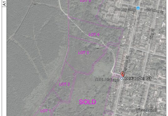 Property for sale A grayscale satellite map of development land in Dunoon, Argyll, shows outlined lots labeled "LOT 1" to "LOT 7," some marked "SOLD." Streets and buildings are visible to the right, along Alexander Street. Presented by Palace Auctions