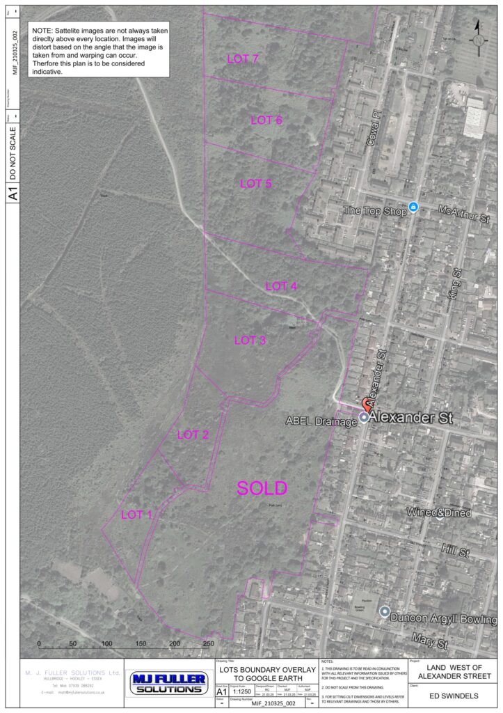 Property for sale A grayscale satellite map of development land in Dunoon, Argyll, shows outlined lots labeled "LOT 1" to "LOT 7," some marked "SOLD." Streets and buildings are visible to the right, along Alexander Street. Presented by Palace Auctions
