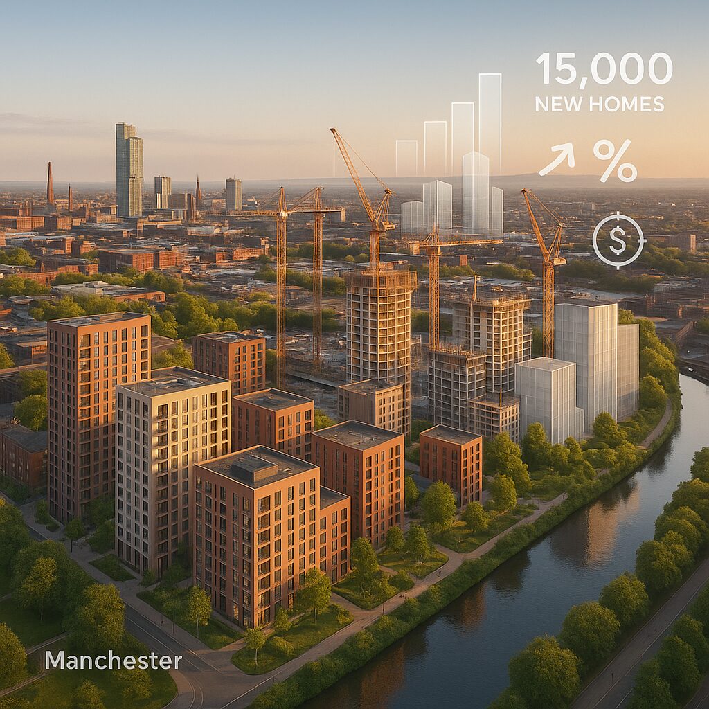 Aerial view of a construction site in Manchester with tall cranes and new high-rise buildings by a river, highlighting manchester property investment. Overlay text reads “15,000 new homes” alongside upward graph, percentage, and dollar icons. Presented by Palace Auctions