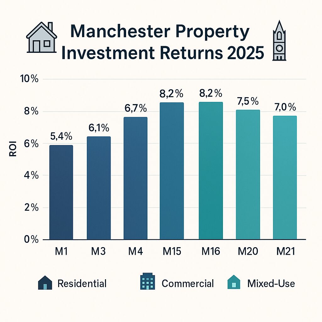 Bar chart displaying ROI for Manchester property investment in 2025, with M15 and M16 leading at 8.2%. Categories include Residential, Commercial, and Mixed-Use. Presented by Palace Auctions