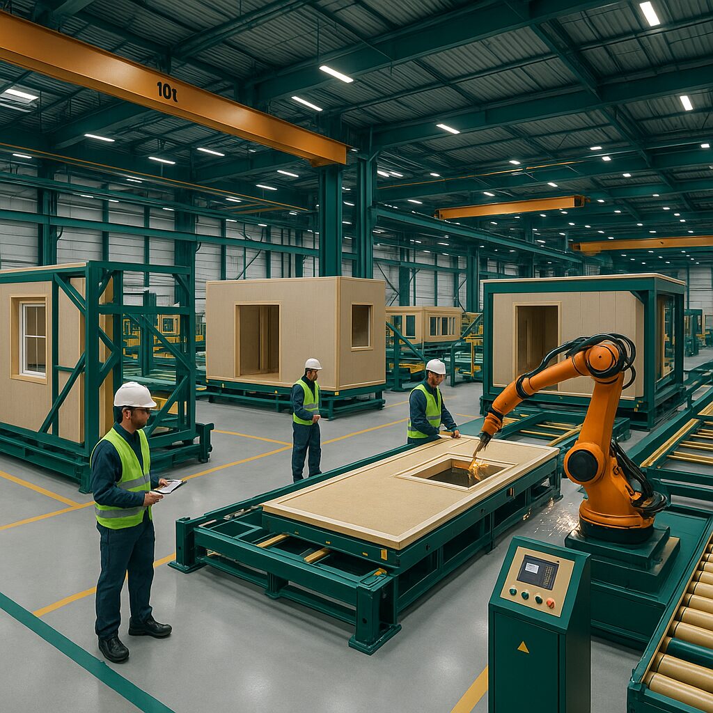 Property for sale Workers in safety vests and helmets supervise a robotic arm assembling modular building panels in a modern, well-lit factory—a scene highlighting the efficiency of prefab homes UK and the future of sustainable home investment. Presented by Palace Auctions