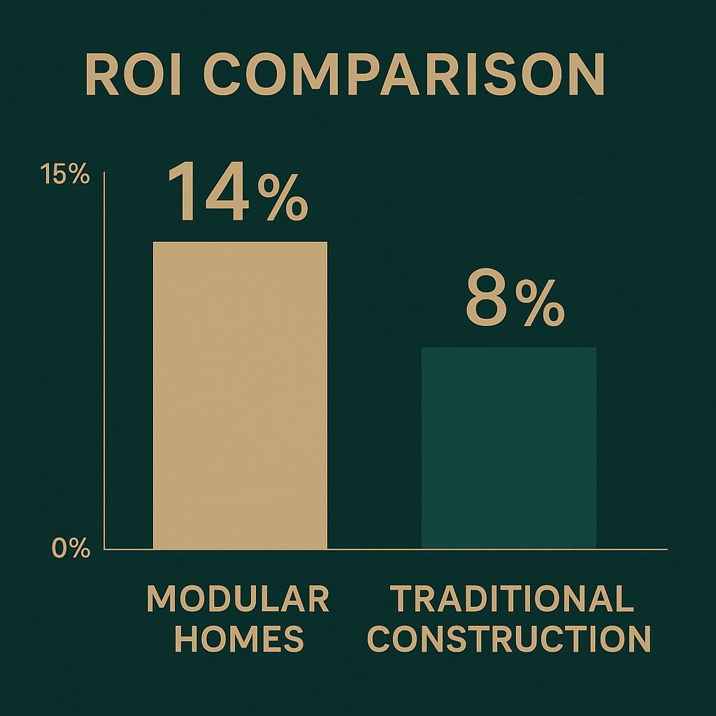 Property for sale Bar graph comparing ROI: Modular homes investment shows a 14% ROI, while traditional construction has 8%. The modular homes bar is taller and highlighted in a lighter color. Presented by Palace Auctions