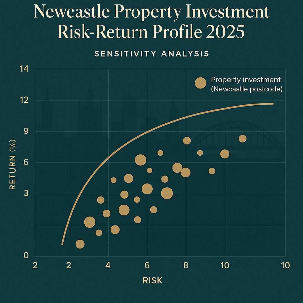 A scatter plot titled "Newcastle Property Investment Risk-Return Profile 2025" visualizes the Newcastle property market by showing return (%) versus risk. Points form an upward curve with a trendline labeled "Property investment (Newcastle postcode). Presented by Palace Auctions