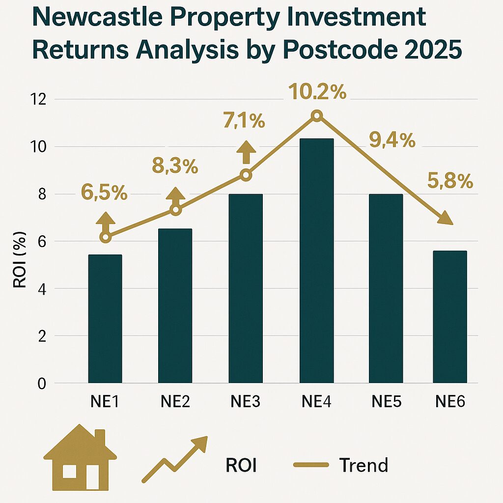 Bar chart titled "Newcastle Property Investment Returns Analysis by Postcode 2025" shows ROI (%) for postcodes NE1 to NE6, ranging from 6.5% to 10.2%, with a trend line highlighting Newcastle rental yields over time. Presented by Palace Auctions