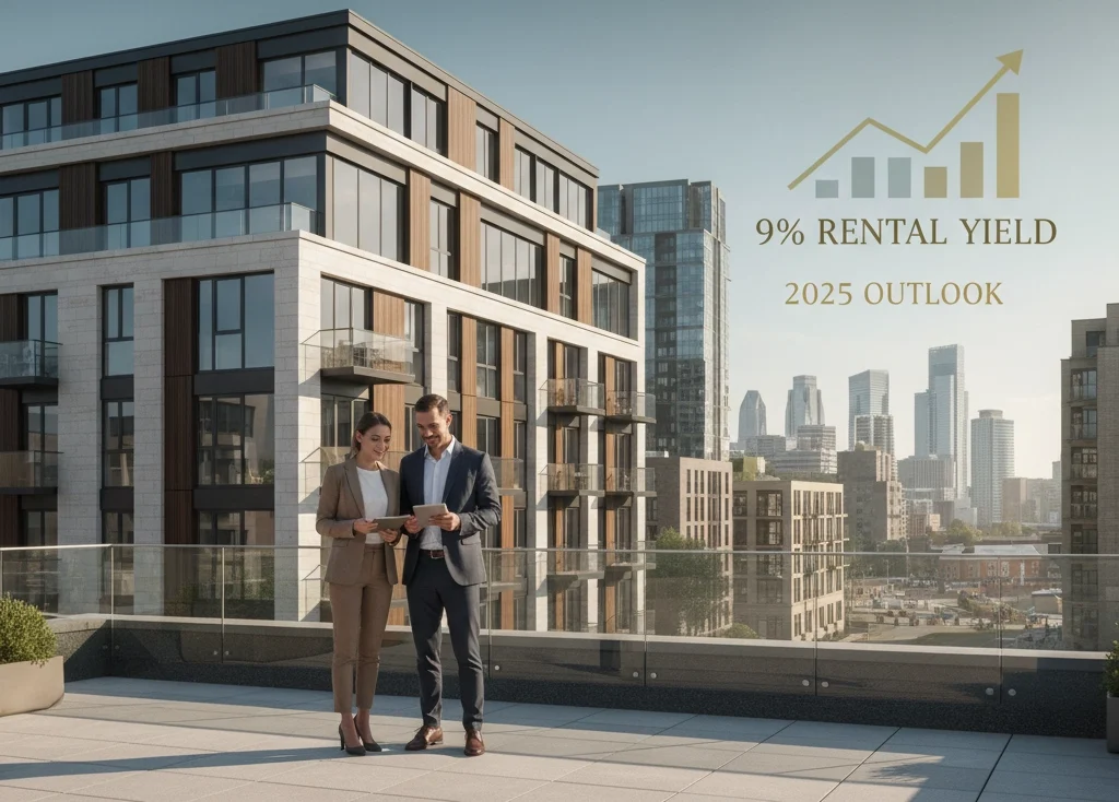 Property for sale Two professionals stand on a rooftop terrace with modern apartment buildings and a city skyline in the background. Text reads, “Are 9% rental yields too good to be true? 2025 outlook” with a graphic of an upward arrow and bar chart. Presented by Palace Auctions