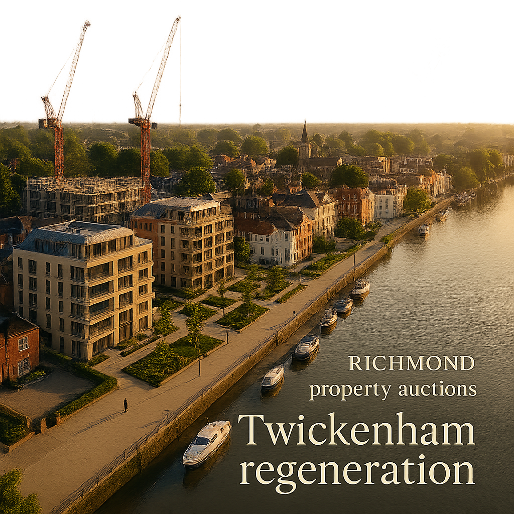 Property for sale Aerial view of riverside apartments and construction cranes in Twickenham at sunset, with boats docked along the water; text reads “Richmond property auction and Twickenham regeneration.”. Presented by Palace Auctions