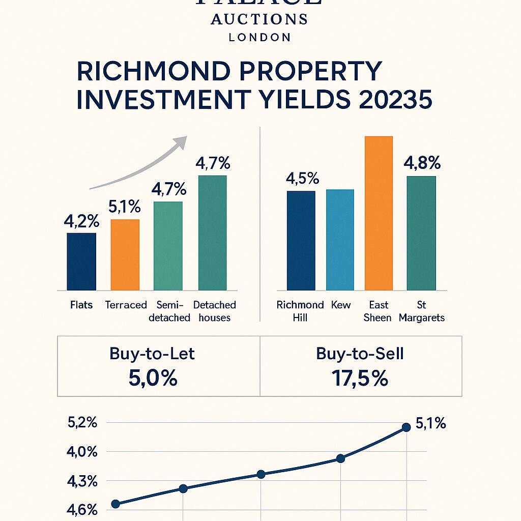 Property for sale A bar graph compares Richmond property yields in 2035 by type and area, including auction results. Terraced and detached houses yield 4.7–5.1%. Buy-to-let yield is 5.0%, buy-to-sell is 17.5%. A line graph shows yields rising from 4.2% to 5.1%. Presented by Palace Auctions
