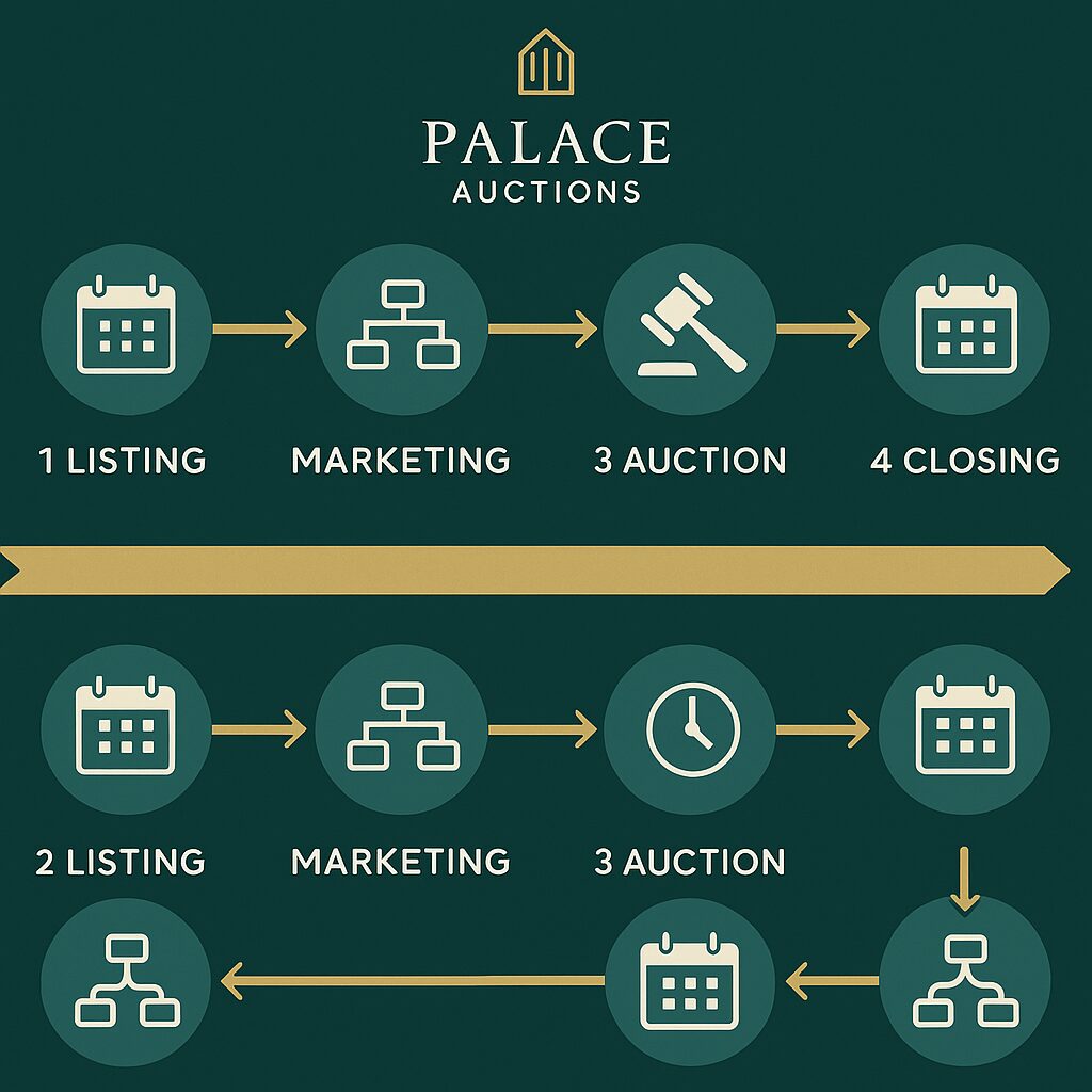 Infographic outlining selling my house by auction, with steps—listing, marketing, auction, and closing—each shown with icons. Features the Palace Auctions logo at the top on a dark green background. Presented by Palace Auctions