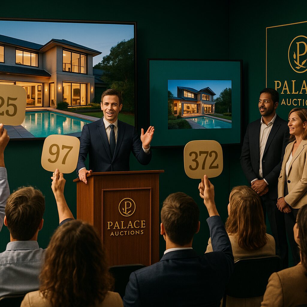 Property for sale An auctioneer stands at a podium labeled "Palace Auctions," leading a house auction. Bidders raise numbered paddles as images of a modern house flash on screens—perfect for those selling my house by auction. Presented by Palace Auctions