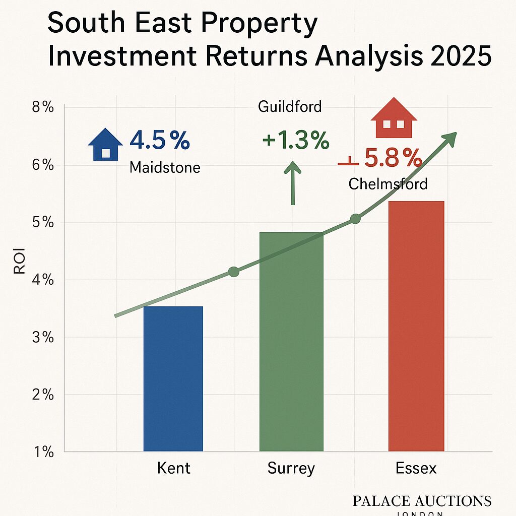 Bar chart titled “South East Property Investment Returns Analysis 2025” highlights property investment opportunities South East London, with ROI: Kent/Maidstone 4.5%, Surrey/Guildford up 1.3%, Essex/Chelmsford 5.8%. Green trend line and homes icon emphasize growth. Presented by Palace Auctions