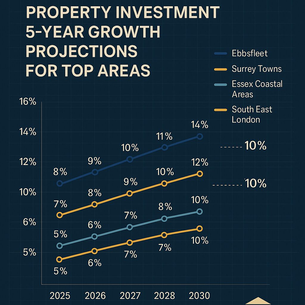 A line graph shows 5-year property investment growth projections for Ebbsfleet, Surrey Towns, Essex Coastal Areas, and property investment opportunities in South East London from 2025 to 2030, with all areas showing steady percentage increases. Presented by Palace Auctions