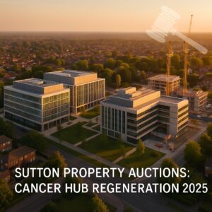 Property for sale Aerial view of modern office buildings under construction in a suburban area at sunset, with the text “Sutton Property Auctions: Cancer Hub Regeneration 2025,” a gavel graphic, and “Sell house fast Sutton” featured prominently. Presented by Palace Auctions