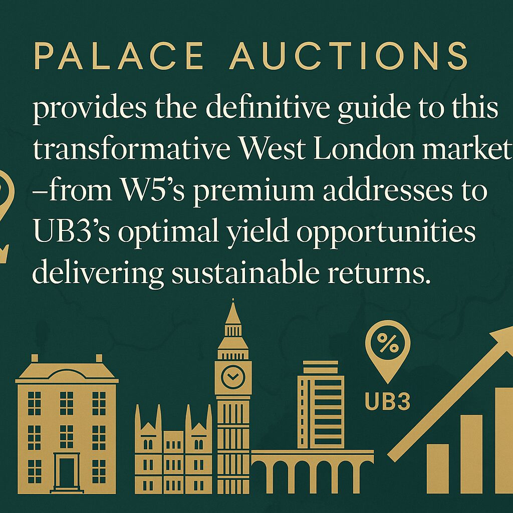 Palace Auctions offers a guide to West London's property market, from W5 to UB3, with a focus on sustainable returns and Ealing property auctions. The image features icons of buildings, Big Ben, a yield symbol, and an upward graph. Presented by Palace Auctions