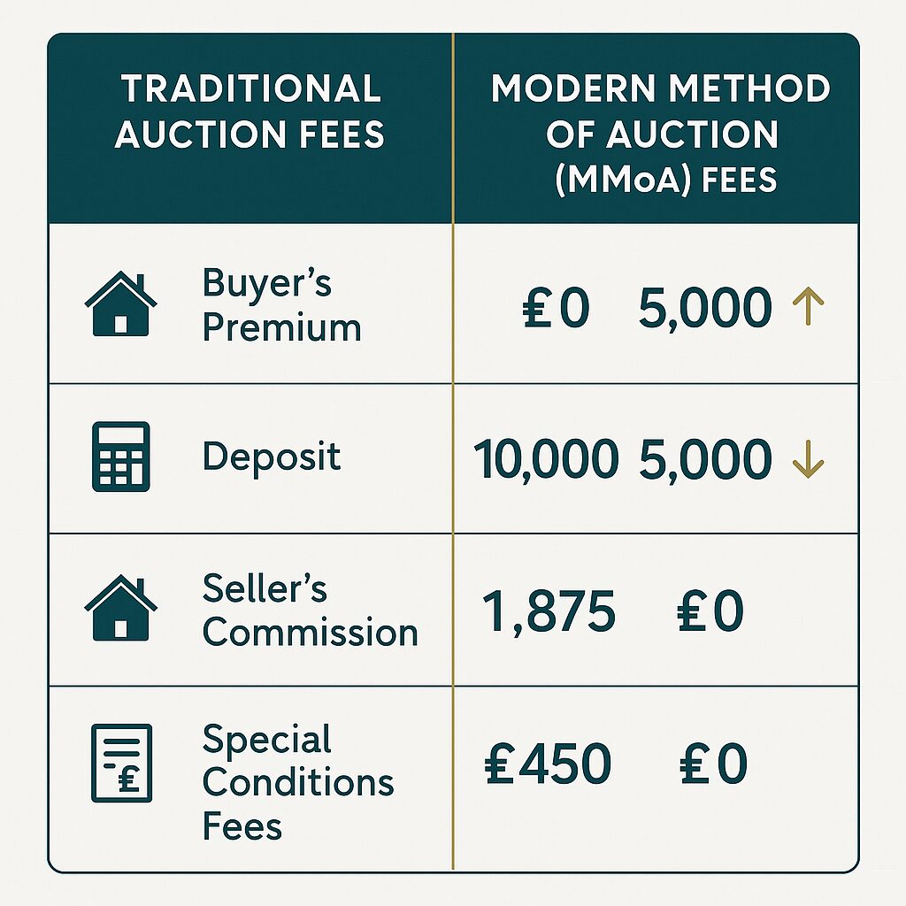 Property for sale A comparison chart details auction house fees UK, showing traditional vs Modern Method of Auction (MMoA) costs for Buyer’s Premium, property auction deposits, Seller’s Commission, and Special Conditions Fees. Presented by Palace Auctions