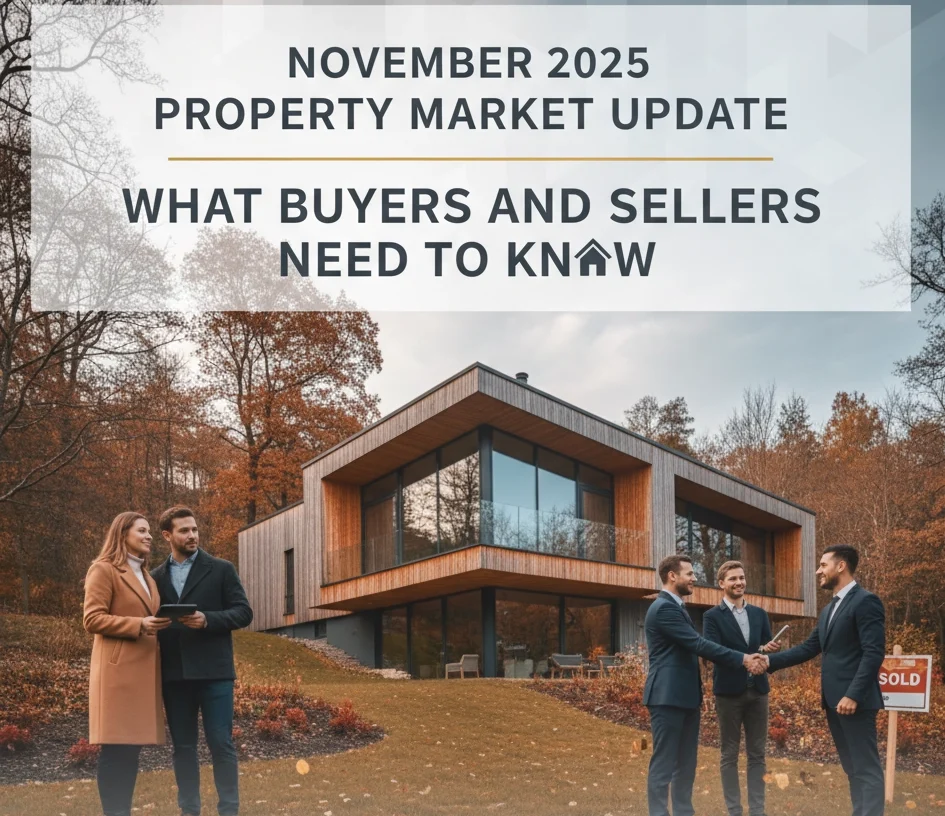 Property for sale Four people stand in front of a modern house surrounded by autumn trees. Two shake hands while a 