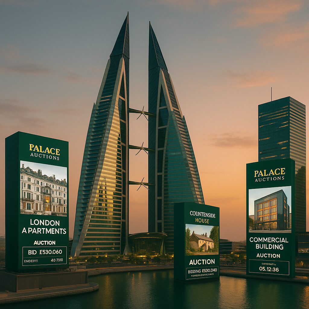 Property for sale Modern skyscrapers at sunset feature three large digital screens advertising Palace Auctions, including Manama property auctions for a London apartment, a countryside house, and a commercial building, each displaying images, bids, and auction details. Presented by Palace Auctions