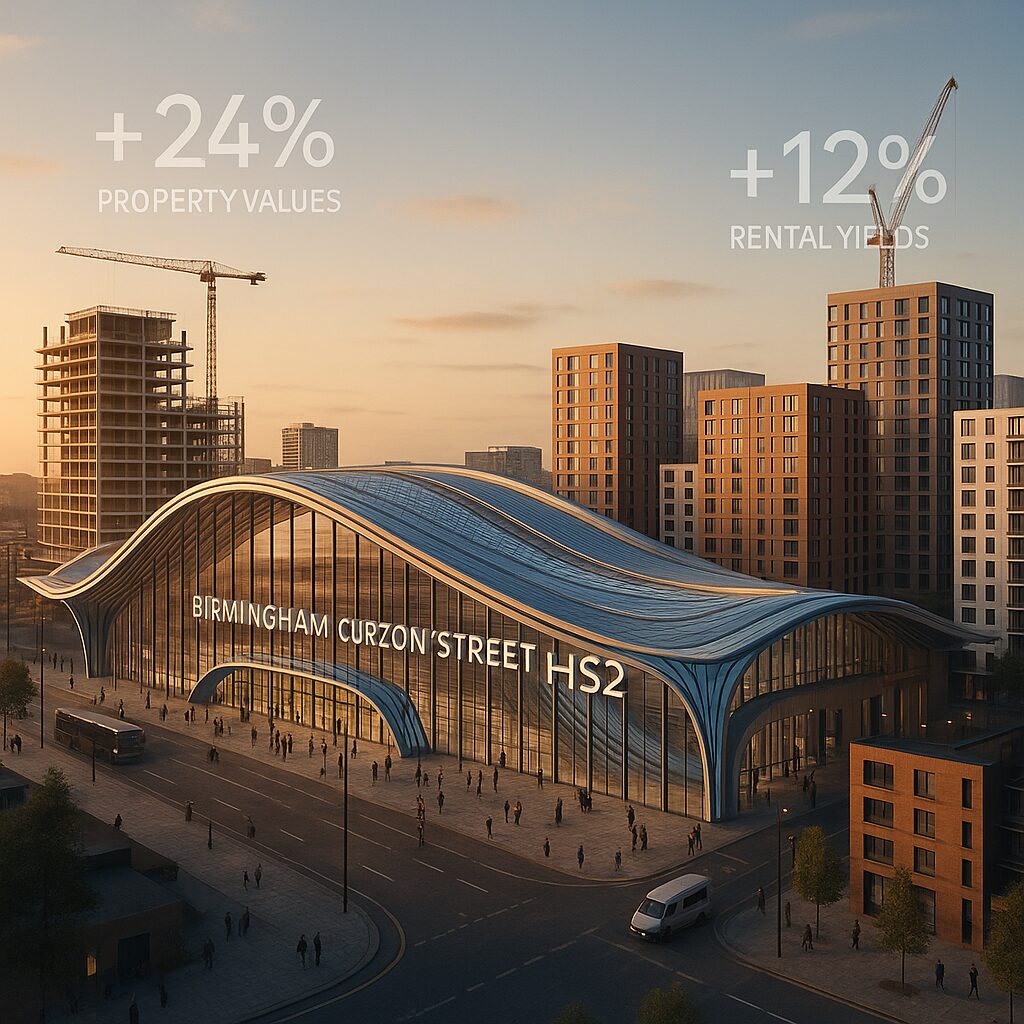 A modern train station labeled "Birmingham Curzon Street HS2" is surrounded by tall buildings and cranes at sunset, highlighting Birmingham regeneration areas. Text reads "+24% Property Values" and "+12% Rental Yields" in the sky above the scene. Presented by Palace Auctions